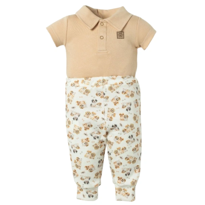 Conjunto de Body Meia Manga Gola Pólo com Calça - Coleção Doguinhos