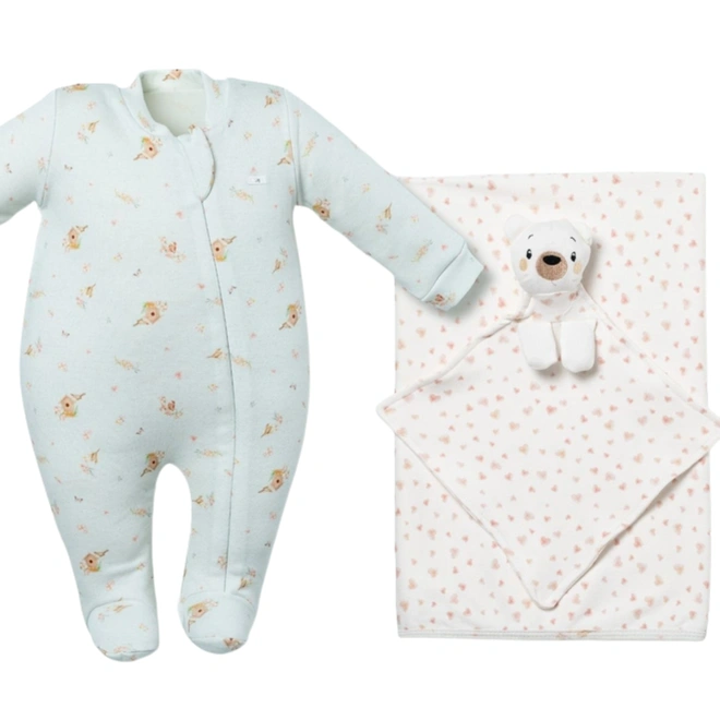 Kit 3 Peças - Macacão Manga Longa com Zíper, Cueiro e Naninha - Coleção Lovely Day