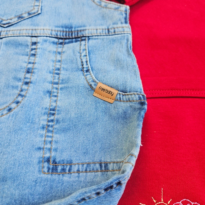 Saída de Maternidade Jardineira Jeans - 3 Peças - Vermelho