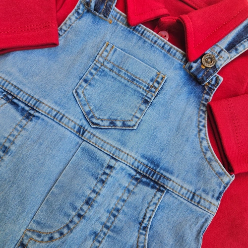 Saída de Maternidade Jardineira Jeans - 3 Peças - Vermelho