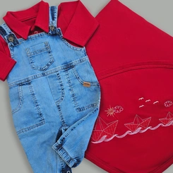 Saída de Maternidade Jardineira Jeans - 3 Peças - Vermelho
