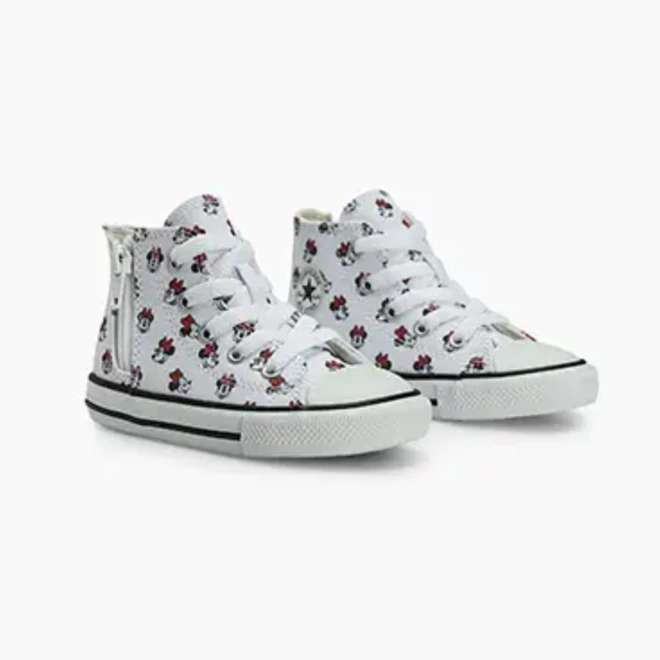 Tênis Cano Alto Chuck Taylor Disney com Ziper Lateral - Minnie - Branco com Preto e Vermelho