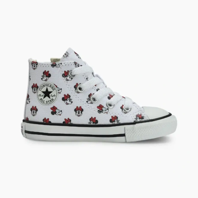 Tênis Cano Alto Chuck Taylor Disney com Ziper Lateral - Minnie - Branco com Preto e Vermelho