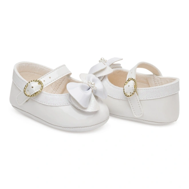Sapatilha Mini Batizado com Laço e Pérolas - Branco