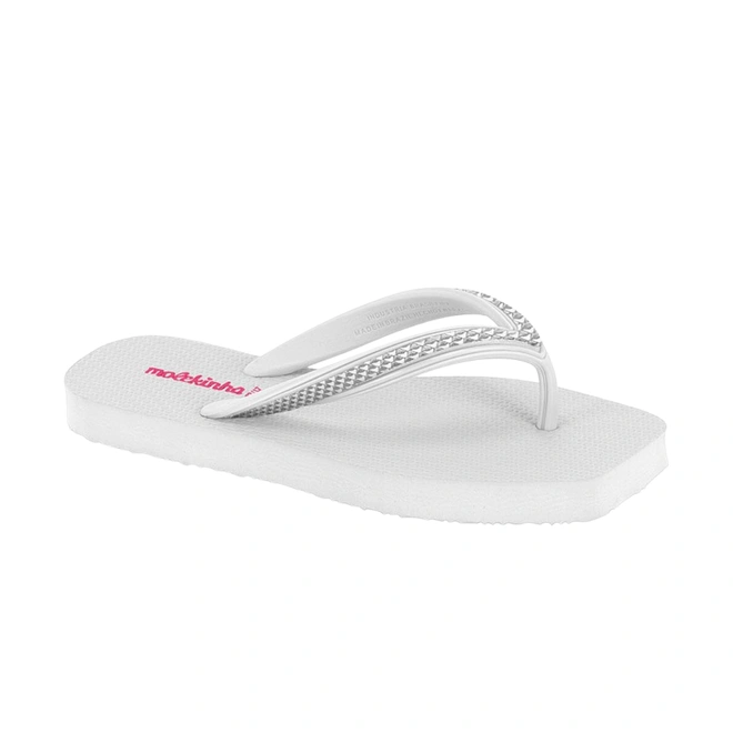 Chinelo de Bico Quadrado - Branco com Prata