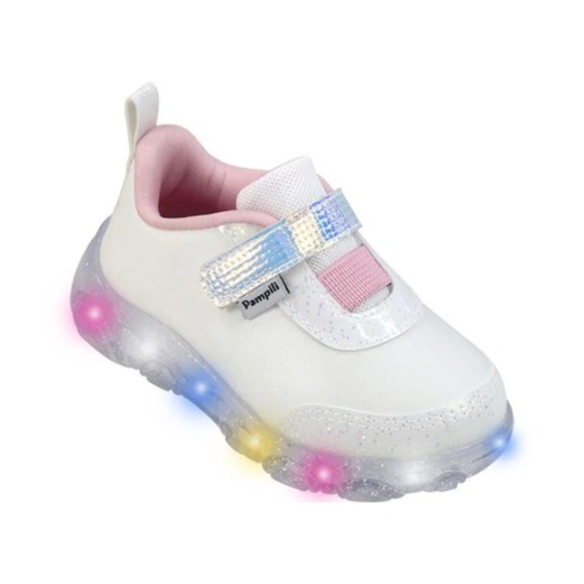 Tênis Liz com LED e Fecho Holográfico -  Branco/Rosa