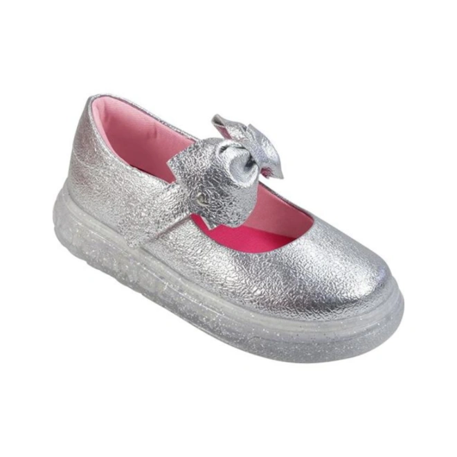 Sapatilha com LED Luz Mary Jane Detalhe em Laço - Prata