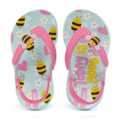 Chinelo Infantil Anatômico Acqua Print  Abelha com Elástico - Azul Acqua/Rosa