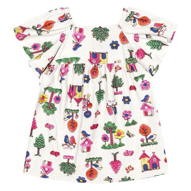 Vestido Manga Curta em Cottton - Branco/Colorido