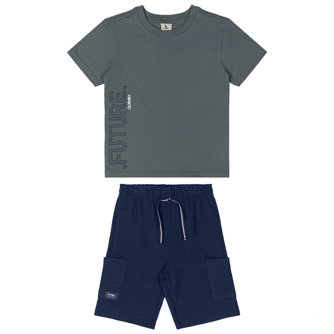 Conjunto Camiseta em Malha e Bermuda Gorgurão - Chumbo