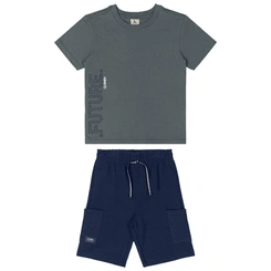 Conjunto Camiseta em Malha e Bermuda Gorgurão - Chumbo