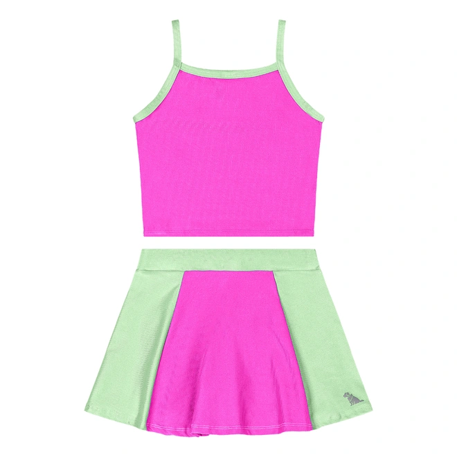 Conjunto Blusa e Saia-Short em Malha Micro Canelada - Rosa Fiji