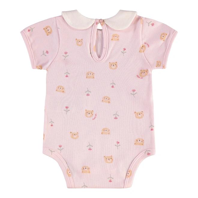 Conjunto Body em Meia Manga e Short em Suedine Estampa Ursinho - Rosa