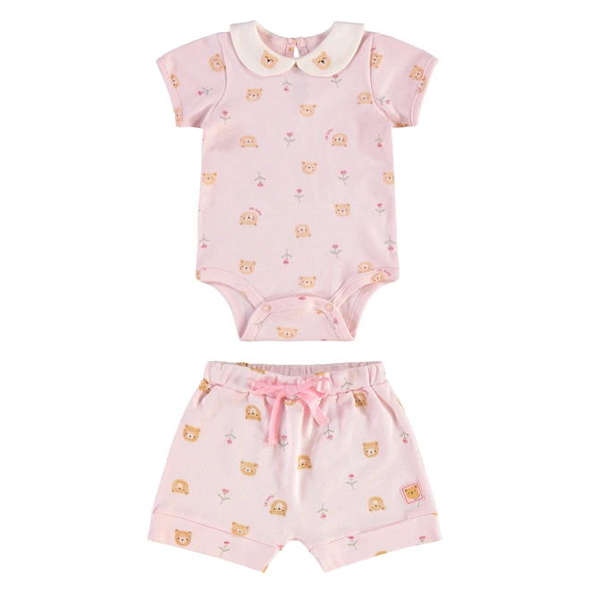 Conjunto Body em Meia Manga e Short em Suedine Estampa Ursinho - Rosa