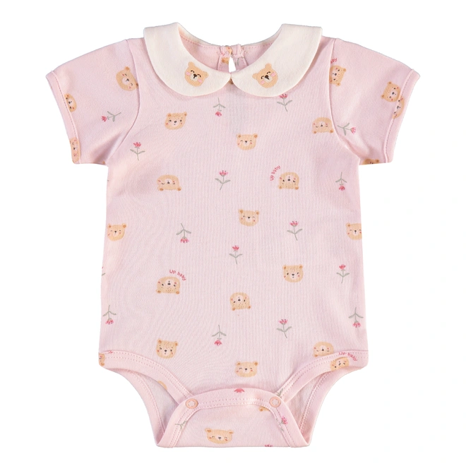 Conjunto Body em Meia Manga e Short em Suedine Estampa Ursinho - Rosa