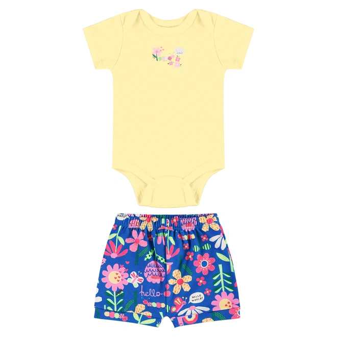 Conjunto Body Meia Manga com Short em Suedine Floral - Baunilha