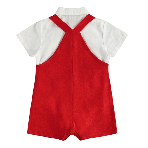 Conjunto Body Camisa Tecido e Jardineira em Linho - Vermelho