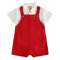 Conjunto Body Camisa Tecido e Jardineira em Linho - Vermelho