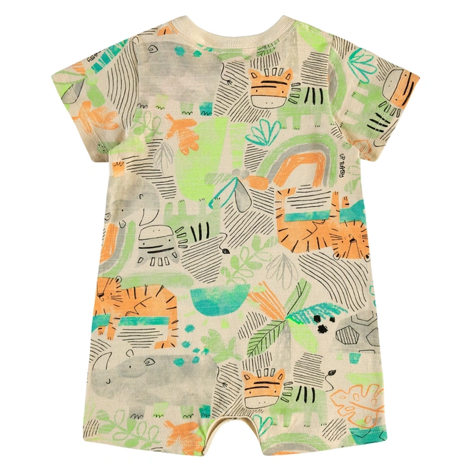 Macaquinho Manga Curta em Malha Flamê com Estampa Tigre Abstrato - Bege