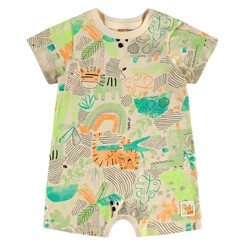 Macaquinho Manga Curta em Malha Flamê com Estampa Tigre Abstrato - Bege