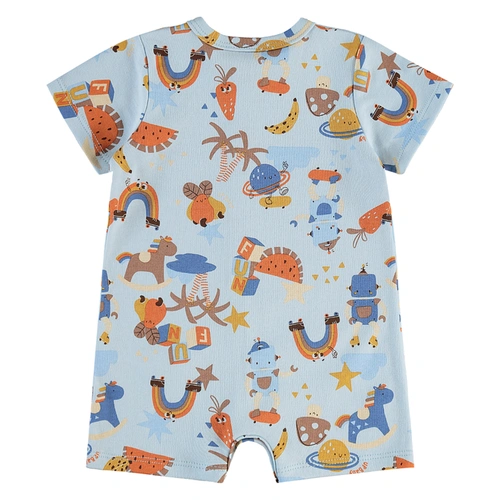 Marcaquinho Manga Curta em Suedine e Estampa Abstrata - Azul