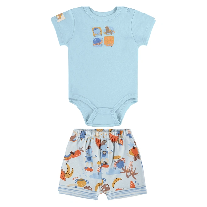 Conjunto Body Meia Manga e Short em Suedine Estampa abstrata - Azul Delicado