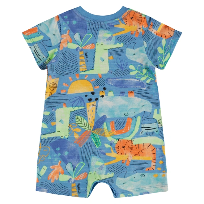 Macaquinho Manga Curta em Malha Flamê com Estampa Tigre Abstrato - Azul