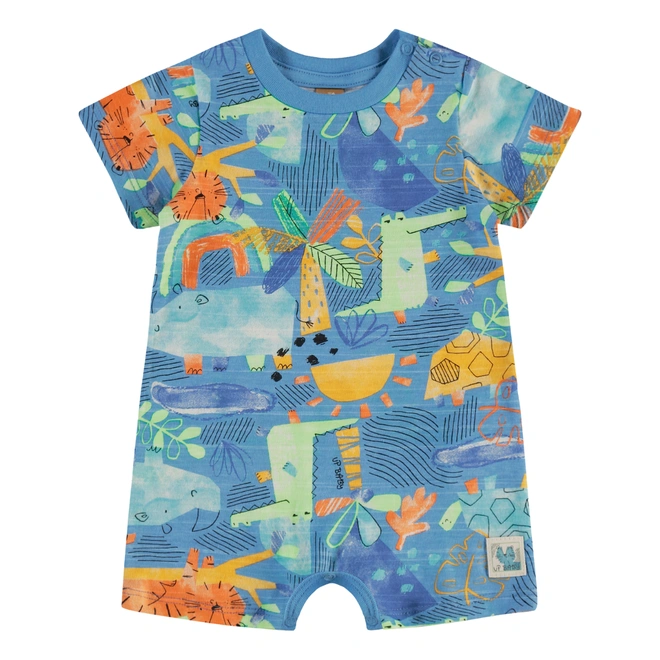 Macaquinho Manga Curta em Malha Flamê com Estampa Tigre Abstrato - Azul