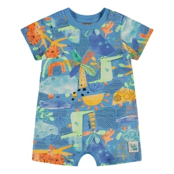 Macaquinho Manga Curta em Malha Flamê com Estampa Tigre Abstrato - Azul