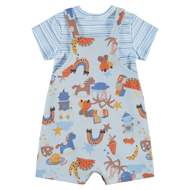 Conjunto Body Meia Manga e Jardineira em Suedine Estampa Abstrata - Azul