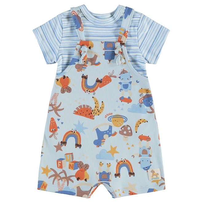 Conjunto Body Meia Manga e Jardineira em Suedine Estampa Abstrata - Azul