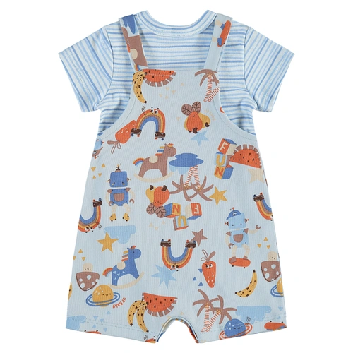 Conjunto Body Meia Manga e Jardineira em Suedine Estampa Abstrata - Azul