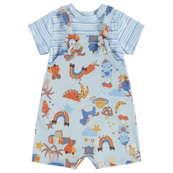 Conjunto Body Meia Manga e Jardineira em Suedine Estampa Abstrata - Azul