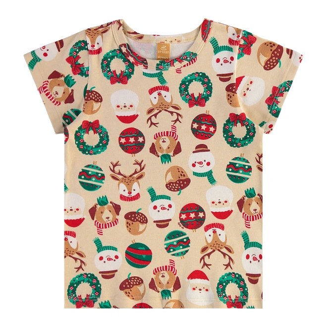 Pijama Blusa e Short em Suedine com Estampa Natalina - Bege