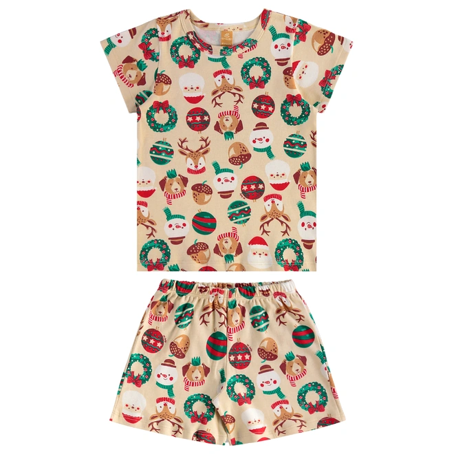 Pijama Blusa e Short em Suedine com Estampa Natalina - Bege