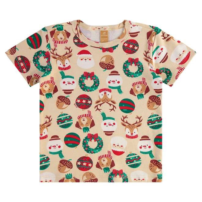 Pijama Blusa e Bermuda em Suedine com Estampa Natalina - Bege