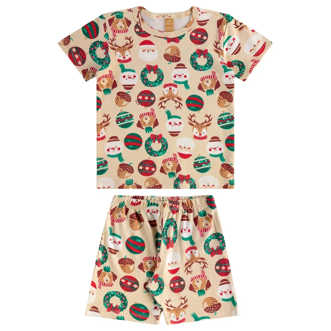 Pijama Blusa e Bermuda em Suedine com Estampa Natalina - Bege