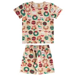 Pijama Blusa e Bermuda em Suedine com Estampa Natalina - Bege
