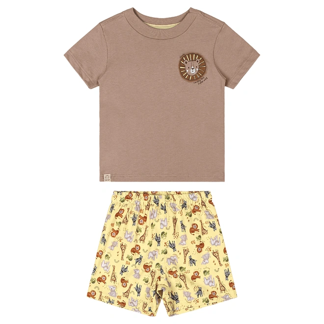 Conjunto Camisa Meia Manga em Malha e Bermuda em Microfibra Estampa de Bichos - Caqui