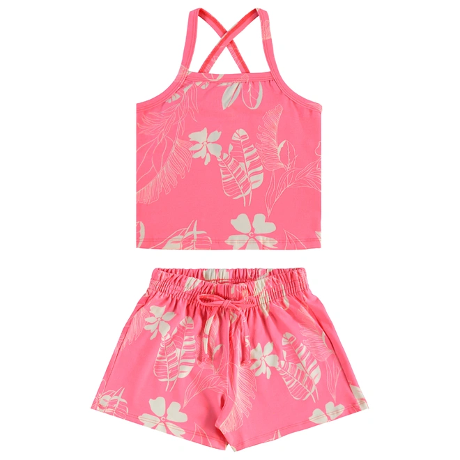 Conjunto Blusa e Short em Cotton Floral - Rosa