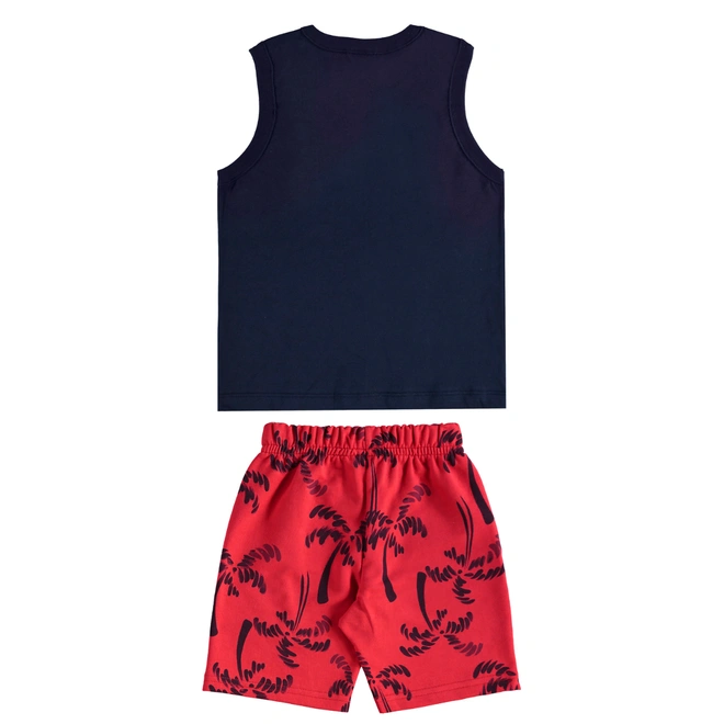 Conjunto Camiseta Regata em Malha e Bermuda em Moletom Estampa Coqueiro - Azul Escuro