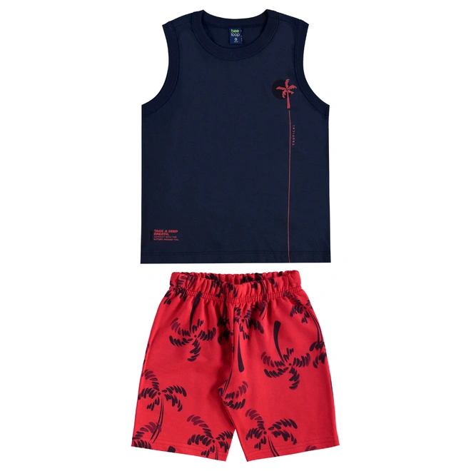 Conjunto Camiseta Regata em Malha e Bermuda em Moletom Estampa Coqueiro - Azul Escuro