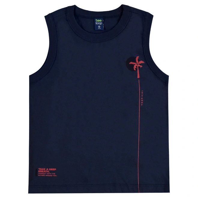 Conjunto Camiseta Regata em Malha e Bermuda em Moletom Estampa Coqueiro - Azul Escuro