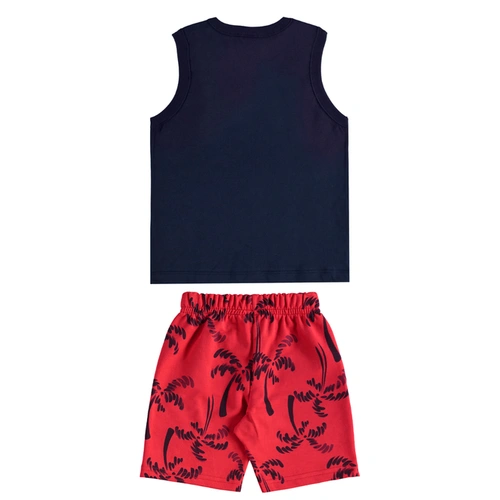 Conjunto Camiseta Regata em Malha e Bermuda em Moletom Estampa Coqueiro - Azul Escuro