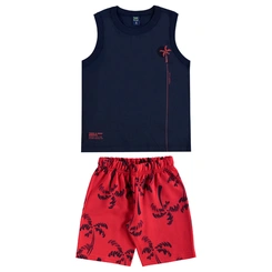 Conjunto Camiseta Regata em Malha e Bermuda em Moletom Estampa Coqueiro - Azul Escuro