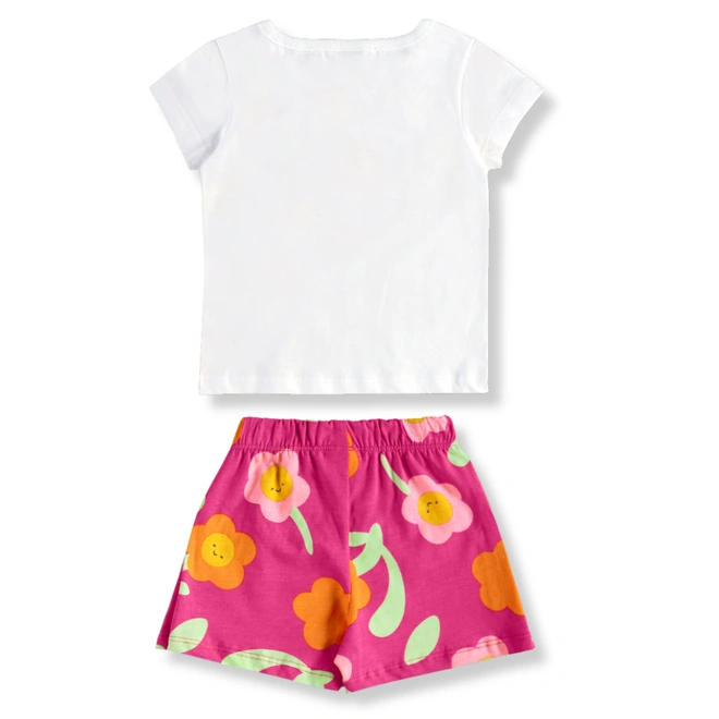 Conjunto Blusa Meia Manga e Short-Saia em Meia Malha Estampa Flores - Branco