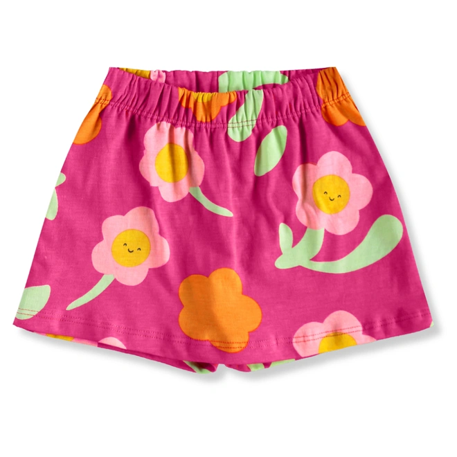 Conjunto Blusa Meia Manga e Short-Saia em Meia Malha Estampa Flores - Branco