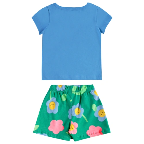 Conjunto Blusa Meia Manga e Short-Saia em Meia Malha Estampa Flores - Azul Etheral