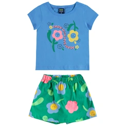 Conjunto Blusa Meia Manga e Short-Saia em Meia Malha Estampa Flores - Azul Etheral