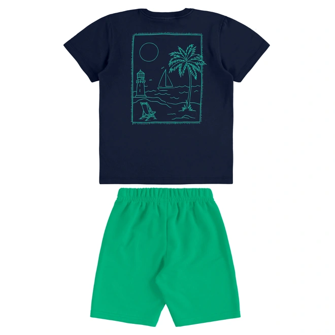 Conjunto Camisa Meia Manga em Malha e Bermuda em Moletom - Azul/Verde